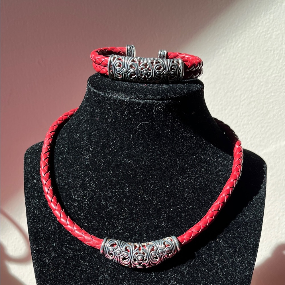Red Braided Leather Necklace and Bracelet Set with Ornate Silver Accents
